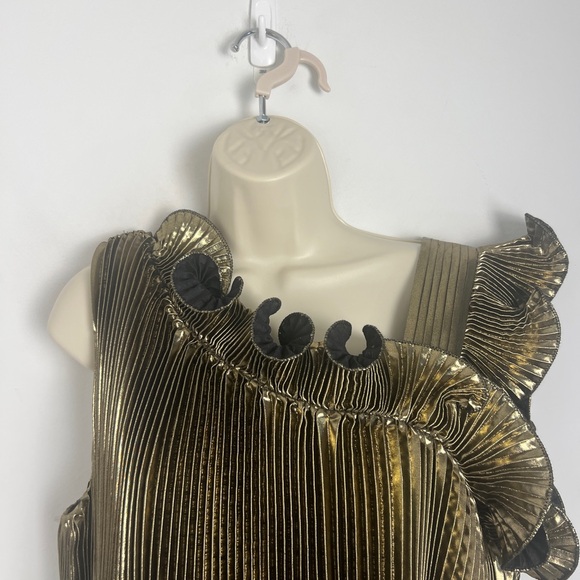 NEW Halogen X Atlantic-Pacific Large Pleated Asymmetrical Gold Black Lame Blouse - Picture 8 of 16